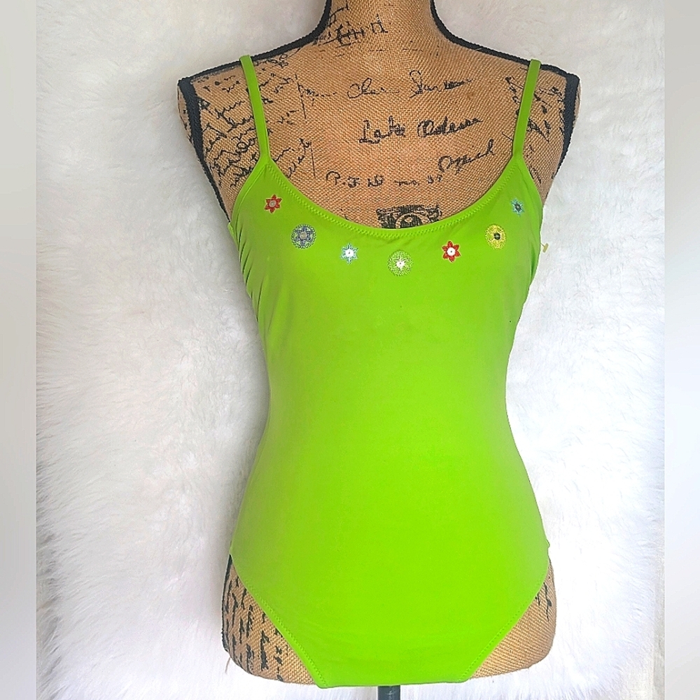 Vintage La Perla Embroidered and Beaded Green  Aquasuit One Piece Swimsuit 💚🍏